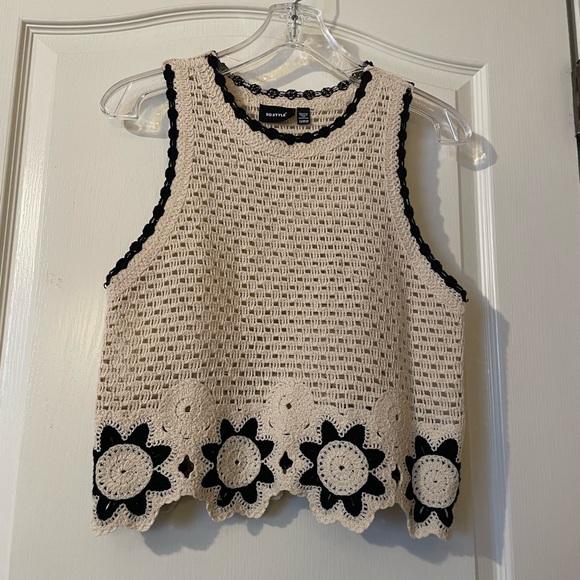 RD Style Cotton Blend Open Stitch Crochet Floral Sweater Cream Black Size XS - Picture 11 of 12